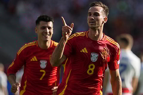 Fabian Ruiz celebrates after scoring Spain's second goal